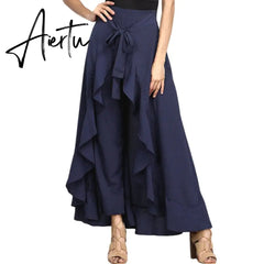Aiertu Women Palazzo Pants Causal Ruffle Drawstring Trouser Elegant High Waist Irregular Loose Pure Color Autumn Female Pant Skirt Aiertu