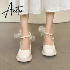 Aiertu Women Pumps New Mary Jane Shoes Beaded T-straps Square High Heel Platform Black Beige Retro Lolita Shoes Dress Party Shoes Aiertu