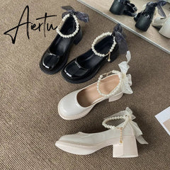 Aiertu Women Pumps New Mary Jane Shoes Beaded T-straps Square High Heel Platform Black Beige Retro Lolita Shoes Dress Party Shoes Aiertu