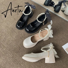 Aiertu Women Pumps New Mary Jane Shoes Beaded T-straps Square High Heel Platform Black Beige Retro Lolita Shoes Dress Party Shoes Aiertu