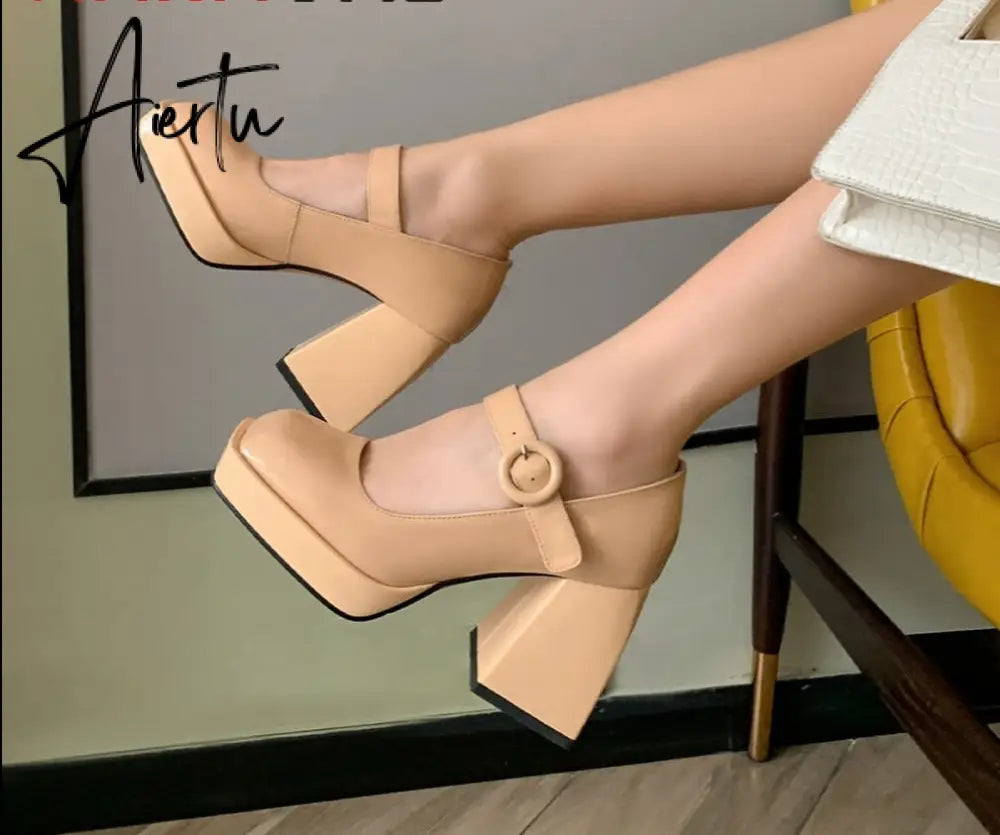 Aiertu Women Pumps Shoes Thick High Heels Waterproof Platform Mary Janes Patent Leather Classics Dress Square Toe Buckle Strap A43 Aiertu