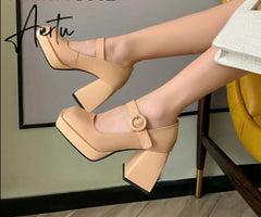Aiertu Women Pumps Shoes Thick High Heels Waterproof Platform Mary Janes Patent Leather Classics Dress Square Toe Buckle Strap A43 Aiertu