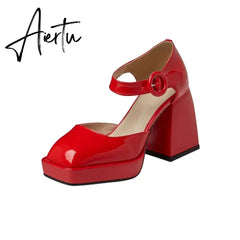 Aiertu Women Pumps Shoes Thick High Heels Waterproof Platform Mary Janes Patent Leather Classics Dress Square Toe Buckle Strap A43 Aiertu