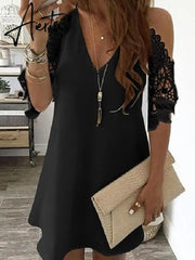 Aiertu Women's Lace Splicing Dress V-neck Off Shoulder Sling Mini Dress Solid Color Casual Hollow out Sleeve Dress Aiertu