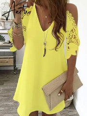 Aiertu Women's Lace Splicing Dress V-neck Off Shoulder Sling Mini Dress Solid Color Casual Hollow out Sleeve Dress Aiertu