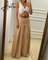 Aiertu Women‘s Long Trousers Elegant Ladies Office Wear Casual Slim Fit High Waisted Ruched Pleated Wide Leg Pants Without Belt Aiertu