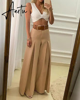 Aiertu Women‘s Long Trousers Elegant Ladies Office Wear Casual Slim Fit High Waisted Ruched Pleated Wide Leg Pants Without Belt Aiertu
