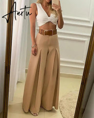 Aiertu Women‘s Long Trousers Elegant Ladies Office Wear Casual Slim Fit High Waisted Ruched Pleated Wide Leg Pants Without Belt Aiertu
