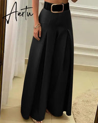 Aiertu Women‘s Long Trousers Elegant Ladies Office Wear Casual Slim Fit High Waisted Ruched Pleated Wide Leg Pants Without Belt Aiertu