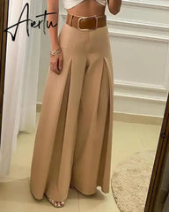 Aiertu Women‘s Long Trousers Elegant Ladies Office Wear Casual Slim Fit High Waisted Ruched Pleated Wide Leg Pants Without Belt Aiertu