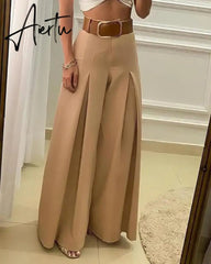 Aiertu Women‘s Long Trousers Elegant Ladies Office Wear Casual Slim Fit High Waisted Ruched Pleated Wide Leg Pants Without Belt Aiertu