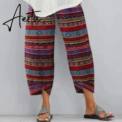 Aiertu Women's Vintage Harem Pants Casual Solid Color Elastic Waist Linen Wide Leg Trousers Summer Plus Size Loose Comfortable Pants Aiertu
