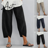 Aiertu Women's Vintage Harem Pants Casual Solid Color Elastic Waist Linen Wide Leg Trousers Summer Plus Size Loose Comfortable Pants Aiertu