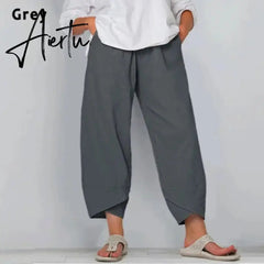 Aiertu Women's Vintage Harem Pants Casual Solid Color Elastic Waist Linen Wide Leg Trousers Summer Plus Size Loose Comfortable Pants Aiertu