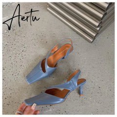 Aiertu Women Sandals Fashion Hollow Elegant High Heels Square Toe Mule Shoes Slip On Shallow Comfort Commute Casual Ladies Shoes Pumps Aiertu