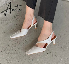 Aiertu Women Sandals Fashion Hollow Elegant High Heels Square Toe Mule Shoes Slip On Shallow Comfort Commute Casual Ladies Shoes Pumps Aiertu
