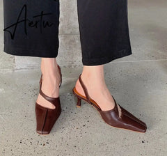 Aiertu Women Sandals Fashion Hollow Elegant High Heels Square Toe Mule Shoes Slip On Shallow Comfort Commute Casual Ladies Shoes Pumps Aiertu
