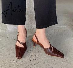 Aiertu Women Sandals Fashion Hollow Elegant High Heels Square Toe Mule Shoes Slip On Shallow Comfort Commute Casual Ladies Shoes Pumps Aiertu