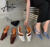 Aiertu Women Sandals Fashion Hollow Elegant High Heels Square Toe Mule Shoes Slip On Shallow Comfort Commute Casual Ladies Shoes Pumps Aiertu