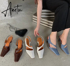 Aiertu Women Sandals Fashion Hollow Elegant High Heels Square Toe Mule Shoes Slip On Shallow Comfort Commute Casual Ladies Shoes Pumps Aiertu