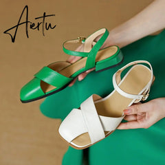 Aiertu Women Sandals Office Ladies Casual Pumps Concise Fashion Genuine Leather Low Heels Basic Shoes Woman Summer New Arrival Aiertu
