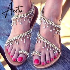 Aiertu Women Sandals Summer Shoes Flat Pearl Sandals Comfortable String Bead Slippers Women Casual Sandals Size 34 - 43 Aiertu
