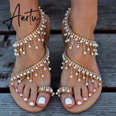 Aiertu Women Sandals Summer Shoes Flat Pearl Sandals Comfortable String Bead Slippers Women Casual Sandals Size 34 - 43 Aiertu