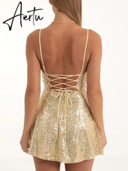 Aiertu Women Sequins Sling Mini Dress Evening Party Summer Clothes Luxury Sleeveless Backless Bandage A-Line Dress Sexy Club Aiertu