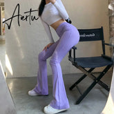 Aiertu Women Sexy Close-fitting Flared Pants, Solid Color High Waist Trousers Aiertu