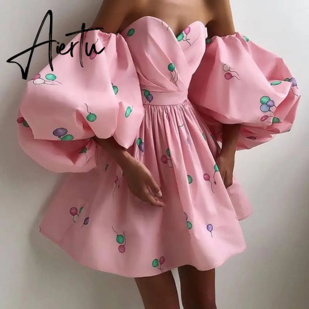 Aiertu Women Sexy Lantern Sleeve Strapless Party Dress Autumn Off Shoulder Backless Mini Dress Elegant Sweet Print Dress Vestidos Aiertu