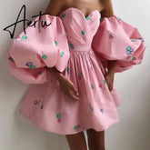 Aiertu Women Sexy Lantern Sleeve Strapless Party Dress Autumn Off Shoulder Backless Mini Dress Elegant Sweet Print Dress Vestidos Aiertu
