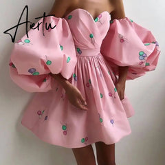 Aiertu Women Sexy Lantern Sleeve Strapless Party Dress Autumn Off Shoulder Backless Mini Dress Elegant Sweet Print Dress Vestidos Aiertu