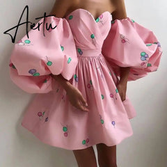 Aiertu Women Sexy Lantern Sleeve Strapless Party Dress Autumn Off Shoulder Backless Mini Dress Elegant Sweet Print Dress Vestidos Aiertu