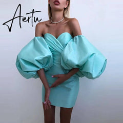 Aiertu Women Sexy Lantern Sleeve Strapless Party Dress Autumn Off Shoulder Backless Mini Dress Elegant Sweet Print Dress Vestidos Aiertu