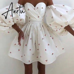 Aiertu Women Sexy Lantern Sleeve Strapless Party Dress Autumn Off Shoulder Backless Mini Dress Elegant Sweet Print Dress Vestidos Aiertu