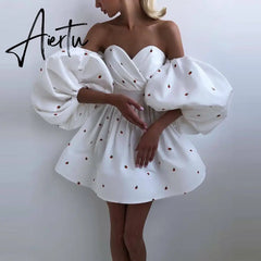 Aiertu Women Sexy Lantern Sleeve Strapless Party Dress Autumn Off Shoulder Backless Mini Dress Elegant Sweet Print Dress Vestidos Aiertu