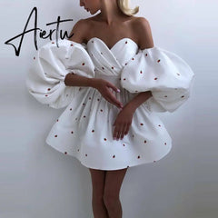 Aiertu Women Sexy Lantern Sleeve Strapless Party Dress Autumn Off Shoulder Backless Mini Dress Elegant Sweet Print Dress Vestidos Aiertu