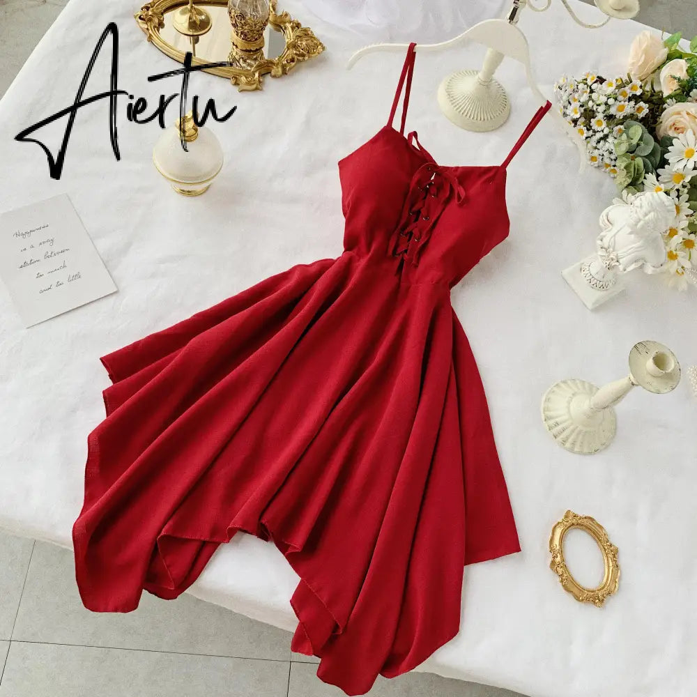 Aiertu Women Sexy Spaghetti Strap Dresses Summer Female V Neck Sleeveless High Waist Dress Ladys Sash Tie Up Dress summmer outfites Aiertu