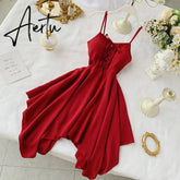 Aiertu Women Sexy Spaghetti Strap Dresses Summer Female V Neck Sleeveless High Waist Dress Ladys Sash Tie Up Dress summmer outfites Aiertu