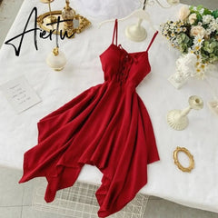 Aiertu Women Sexy Spaghetti Strap Dresses Summer Female V Neck Sleeveless High Waist Dress Ladys Sash Tie Up Dress summmer outfites Aiertu