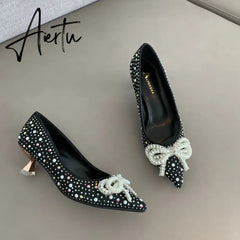 Aiertu Women Shoes High Heels Thin Heels Slip on Luxury Pumps Mules Elegant Designer Shoes Knot Pointed Toe Fashion Ladies for Wedding Aiertu