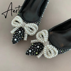 Aiertu Women Shoes High Heels Thin Heels Slip on Luxury Pumps Mules Elegant Designer Shoes Knot Pointed Toe Fashion Ladies for Wedding Aiertu