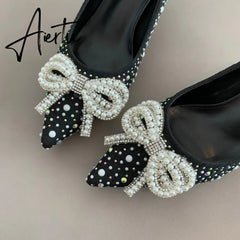 Aiertu Women Shoes High Heels Thin Heels Slip on Luxury Pumps Mules Elegant Designer Shoes Knot Pointed Toe Fashion Ladies for Wedding Aiertu