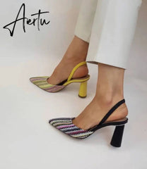 Aiertu Women Shoes Pumps Black Yellow High Heels Designer Sandals Lolita Ladies Luxury Mix Colour Party Summer Designer обувь для женщин летняя туфли на каблуке chaussure femme Sexy Aiertu