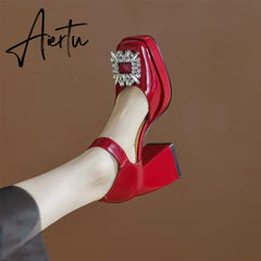 Aiertu Women Shoes Summer Leather Thick High Heels Platform Shoes Black Beige Sweet Dress Party Wedding Mary Janes Pumps Aiertu