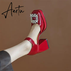 Aiertu Women Shoes Summer Leather Thick High Heels Platform Shoes Black Beige Sweet Dress Party Wedding Mary Janes Pumps Aiertu