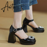 Aiertu Women Shoes Summer Leather Thick High Heels Platform Shoes Black Beige Sweet Dress Party Wedding Mary Janes Pumps Aiertu