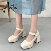 Aiertu Women Shoes Womens Platform Heels Mary Janes Shoes High Heels Leather Shoes Round Toe Patent Leather Gothic Lolita Thick Aiertu