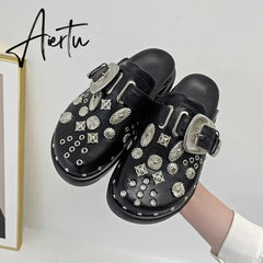 Aiertu Women Slip-On Punk Mules Slippers Thick Sole Metal Rivet Decoration Cool Street Clogs Round Toe Casual Rome Beach Sandals Slides Aiertu