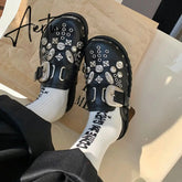Aiertu Women Slip-On Punk Mules Slippers Thick Sole Metal Rivet Decoration Cool Street Clogs Round Toe Casual Rome Beach Sandals Slides Aiertu